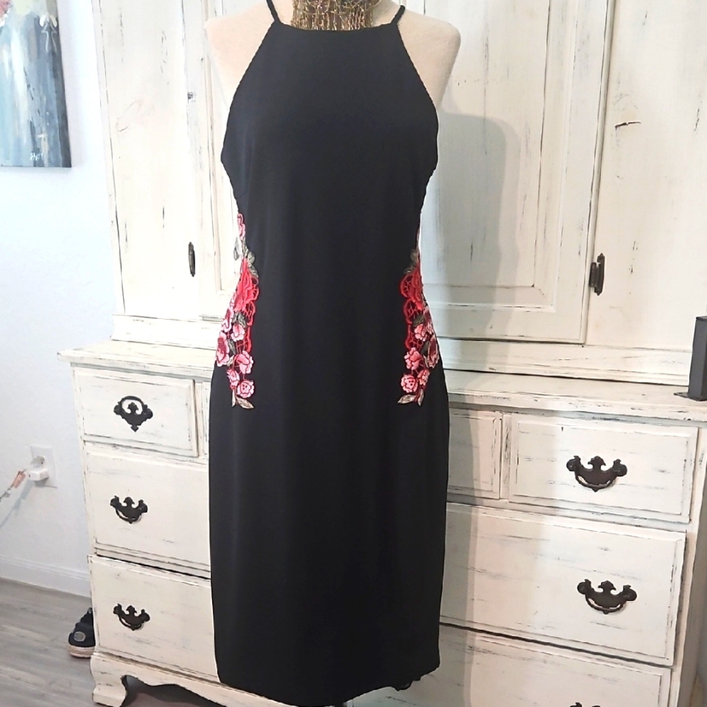 Rebecca B Black and Pink Embellished Halter Midi Dress
